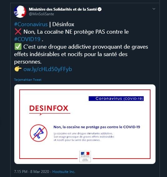 Cuitan Kementerian Kesehatan Perancis (Twitter)