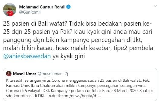 Cuitan Guntur Romli soal tudingan hoaks Musni Umar (Twitter)