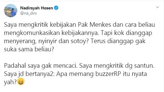 Cuitan Gus Nadir yang kritik Menkes Terawan (Twitter/na_dirs)