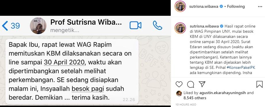 Rektor UNY, Sutrisna Wibawa umumkan bahwa perkuliahan dialihkan lewat online dan membatalkan konser pake IPK karena adanya penyebaran virus corona. [@sutrisna.wibawa / Instagram]