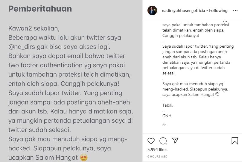 Akun Twitter Gus Nadir diretas (IG/nadirsyahhosen_official)