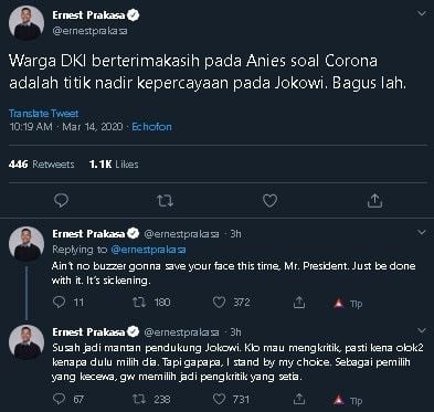 Cuitan Ernest soal warga berterima kasih ke Anies. (Twitter/@ernestprakarsa)