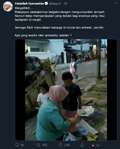 Cuitan Aa Gym soal pemulung yang dandani anaknya sebelum ke masjid. (Twitter/@aagym)