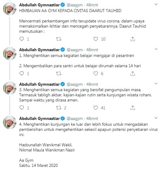 Aa Gym liburkan ponpes miliknya (Twitter/aagym)