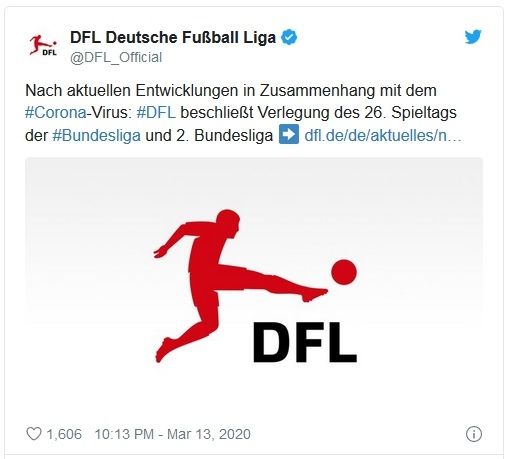 Cuitan akun Twitter resmi DFL selaku otoritas Liga Jerman Bundesliga terkait penghentian sementara kompetisi akibat dampak virus corona. [Twitter / captured]