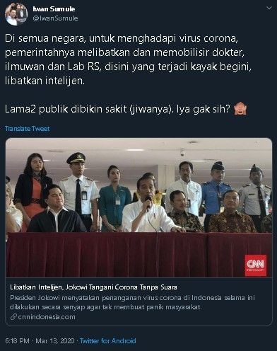 Cuitan Iwan Sumule soal Jokowi libatkan intelijen tangani corona. (Twitter/@iwansumule)