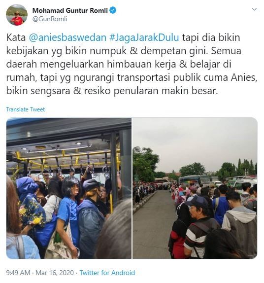 Cuitan Gus Romli mengkritik kebijakan Anies Baswedan.[Twitter/@GunRomli]