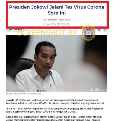 Artikel 'Presiden Jokowi Jalani Tes Virus Corona Sore Ini'. (turnbackhoax.id)