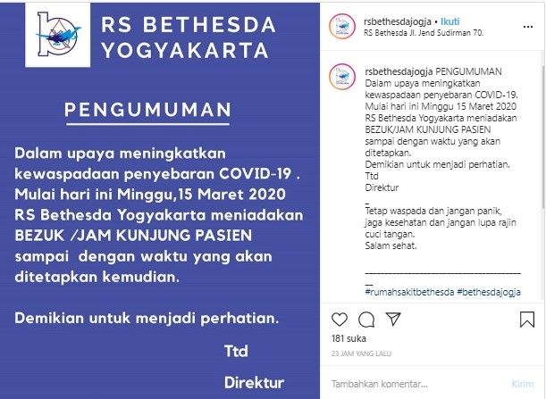 Aturan baru rumah sakit Bathesda Yogyakarta (Instagram)