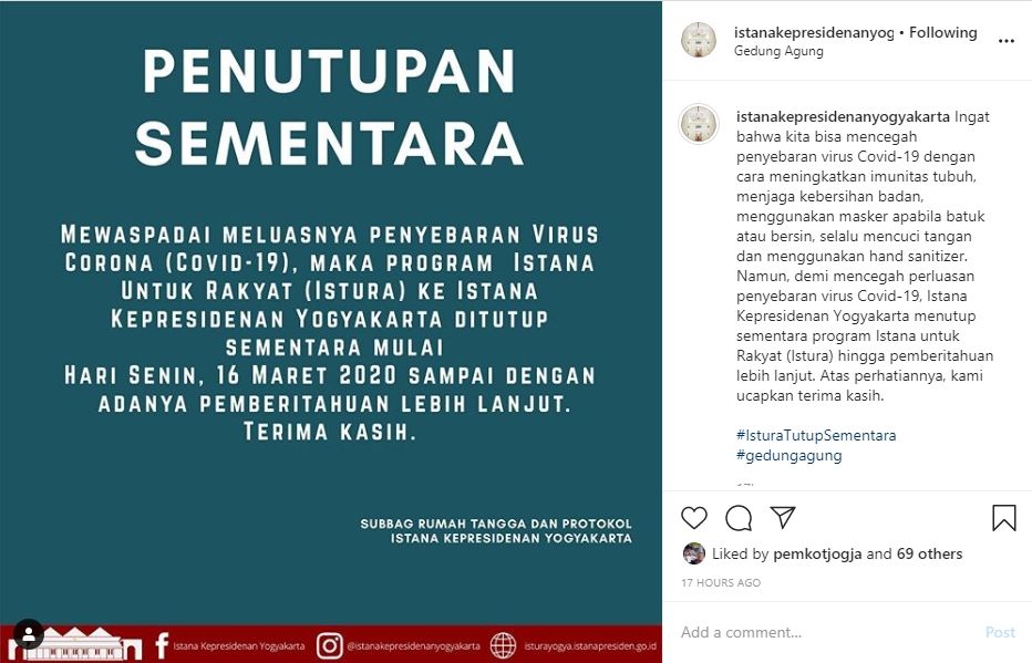 Gedung Agung sementara tutup untuk umum - (Instagram/@istanakepresidenanyogyakarta)