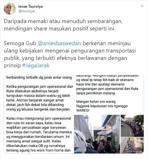 Kritik warganet soal pengurangan transportasi publik (Twitter).