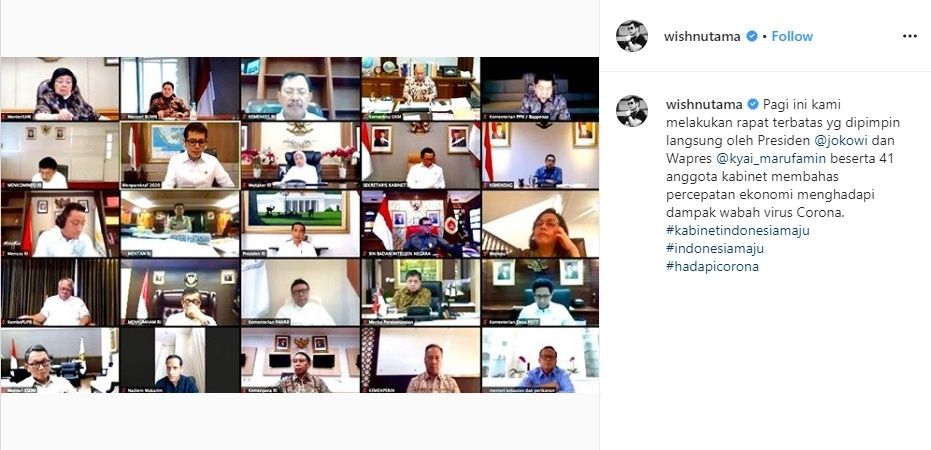 Wishnutama Unggah Foto Rapat Online Bareng 41 Anggota Kabinet. (instagram.com/wishnutama)