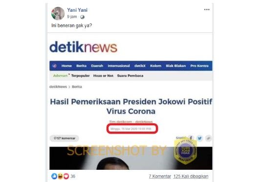 Unggahan 'Hasil Pemeriksaan Presiden Jokowi Positif Virus Corona'. (turnbackhoax.id)