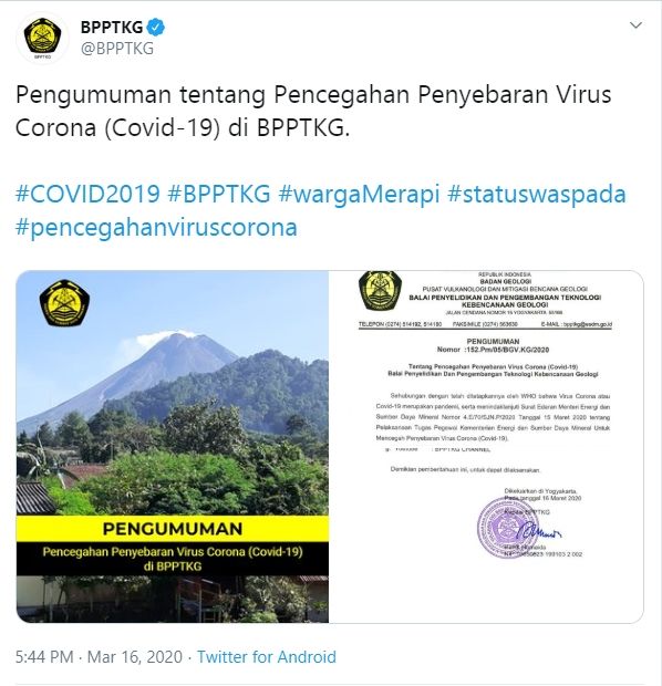 Pengumuman BPPTKG untuk cegah penyebaran corona - (Twitter/@BPPTKG)