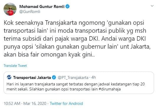 Cuitan Gus Romli menanggapi kicauan admin TransJakarta.[Twitter/@GunRomli]