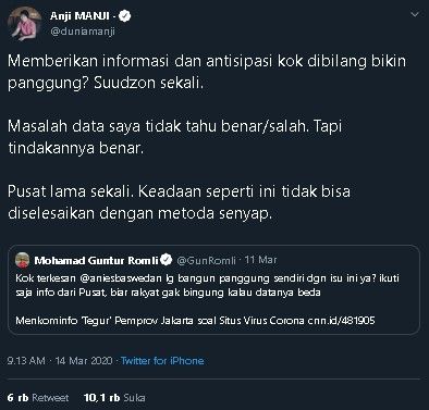 Anji Manji balasa tudingan PSI soal Anies Baswedan. (Twitter/@duniamanji)