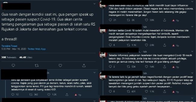 Curhat pasien suspect corona. (Twitter)