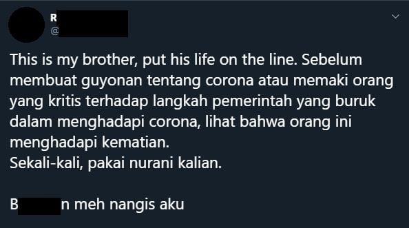 Curhatan warganet soal kakaknya yang menjadi tenaga medis. (Twitter)