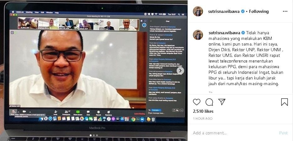 Rektor UNY Sutrisna Wibawa rapat online - (Instagram/@sutrisna.wibawa)