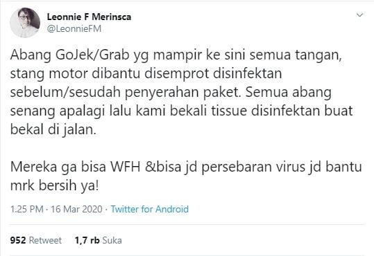 Cuitan warganet imbau ojol disemprot disinfektan (Twitter).