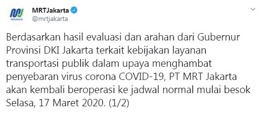 Jam operasional MRT kembali normal (Twitter/mrtjakarta)