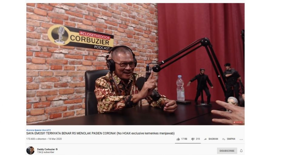 Juru bicara pemerintah Indonesia khusus penanganan virus corona (COVID-19), Achmad Yurianto dalam video di kanal Youtube Deddy Corbuzier (Screenshot YouTube Deddy Corbuzier)