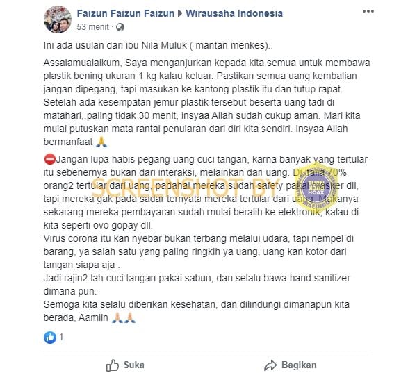 Cek Fakta: jemur uang dapat mencegah corona? (turnbackhoax.id)