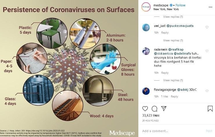 Benda mati bisa jadi sarang virus corona. (Instagram/@Medscape)