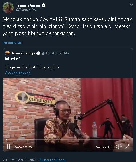 Cuitan Tsamara PSI soal RS menjaga citra. (Twitter/@TsamaraAmany)