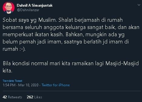 Cuitan Dahnil Anzal soal imbauan beribadah di rumah. (Twitter/@Dahnilanzar)