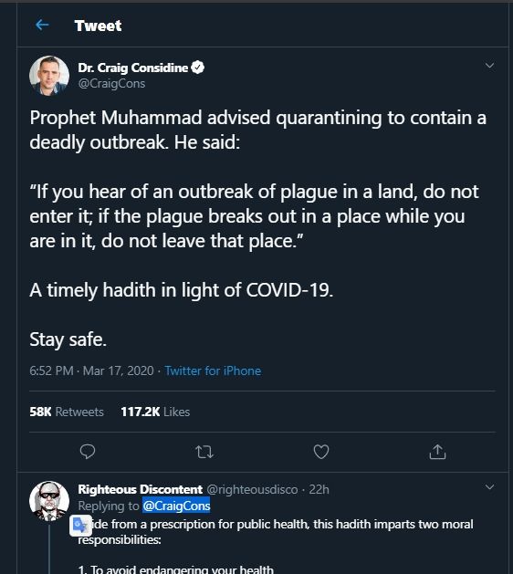 Craig Considine kutip hadis Nabi Muhammad soal wabah. (Tangkapan layar Twitter/@CraigCons)