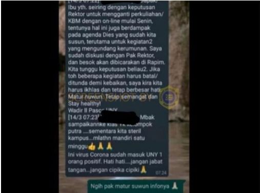 Pesan Whatsapp berisi kabar bahwa satu orang mahasiswa UNY terjangkit corona (Turnbackhoax.id).