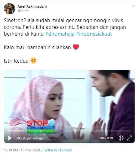 Cuplikan sinetron yang memuat langkah pencegahan virus corona (Twitter).