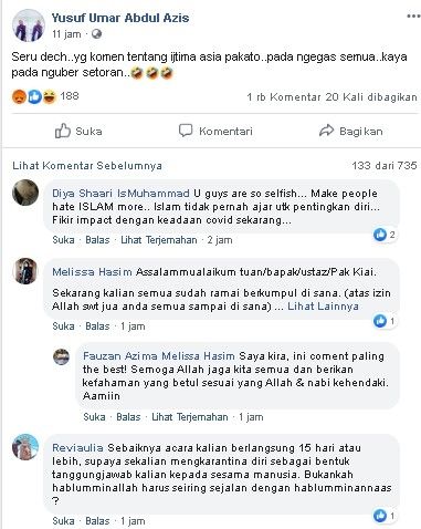 Unggahan soal acara Ijtima Dunia 2020. (Facebook/Yusuf Umar Abdul Azis)