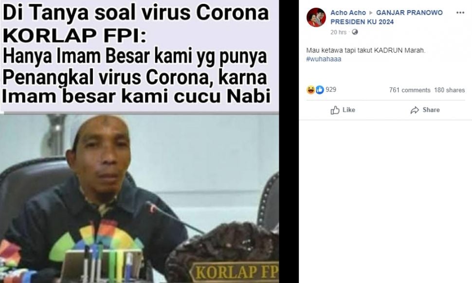 Status di Facebook tentang Habib Rizieq punya penangkal virus corona hoaks. Tangkapan layar (Facebook)