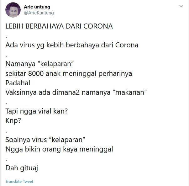 Twit Arie Untung yang membandingkan penanganan virus corona dengan kelaparan. [Twitter]