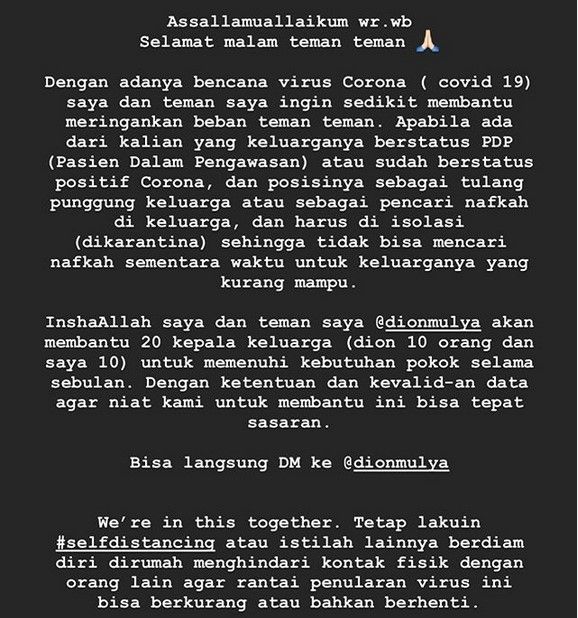 Enzy Storia akan membantu pasien positif virus corona selama sebulan. [Instagram]