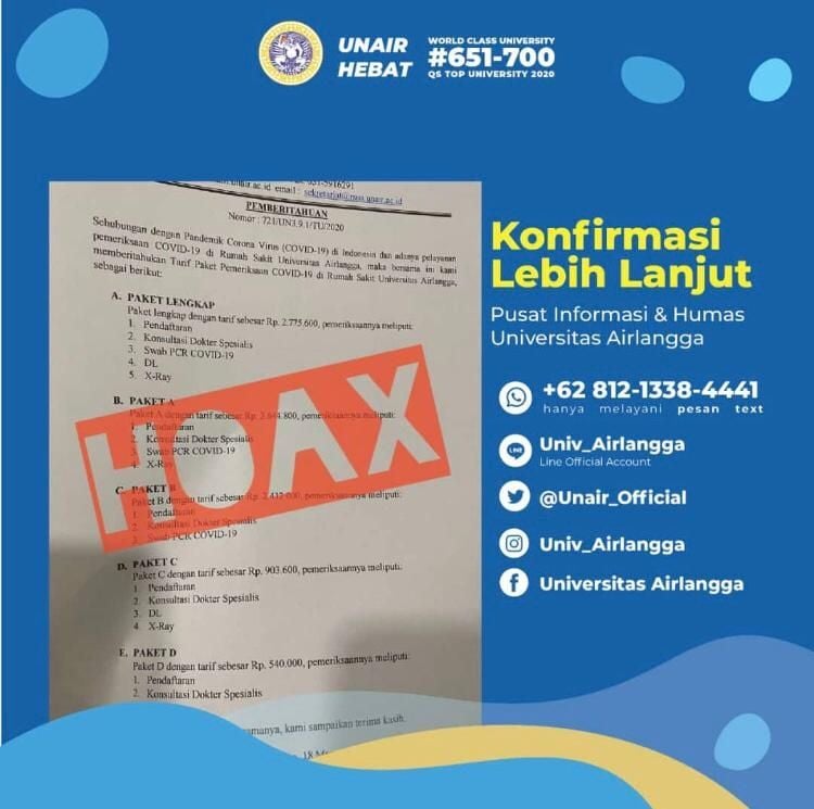 Tarif pemeriksaan covid-19 di rs unair, hoaks. Tangkapan layar (instagram.com/univ_airlangga)