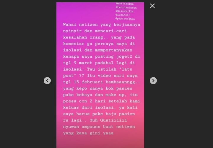 Klarifikasi Sita (pasien nomor 1) soal video unggahannya (Instagram)