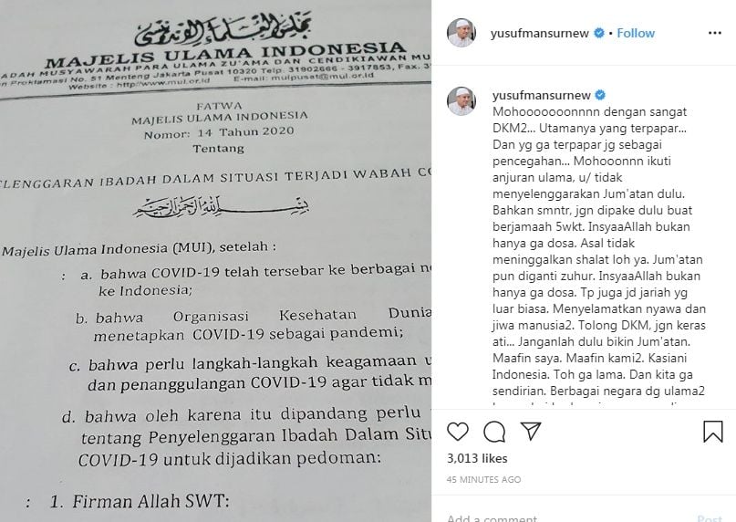 Yusuf Mansur memohon salat Jumat berjamaah ditiadakan sementara (Instagram/yusufmansurnew)