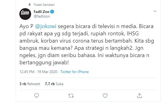 Cuitan Fadli Zon untuk Presiden Jokowi (twitter/Fadlizon)