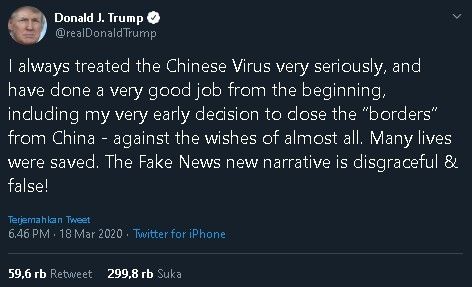 Donald Trump juluki Covid-19 sebagai virus China. (Twitter/@RealDonaldTrump)