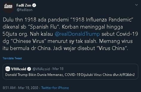 Fadli Zon singgung Covid-19 dijuluki virus China. (Twitter/@fadlizon)