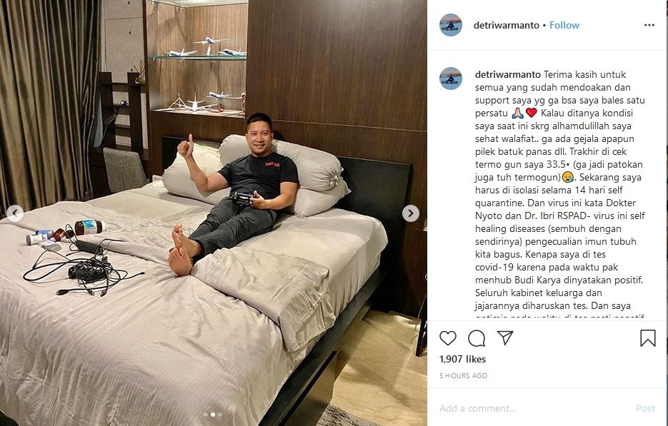 Unggahan Detri Warmanto di Instagram terkait dirinya yang positif corona dan harus mengisolasi diri. [Instagram @detriwarmanto/capture]