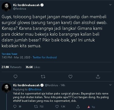 Cuitan dr.Ferdiriva Hamzah soal kelangkaan surgical gloves dan Alcohol Swab. (Twitter/@ferdiriva)