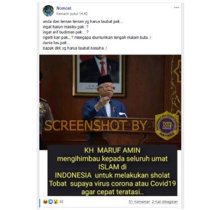 Kabar hoaks Ma'ruf Amin imbau umat Islam salat tobat untuk cegah corona (Turnbackhoax.id).