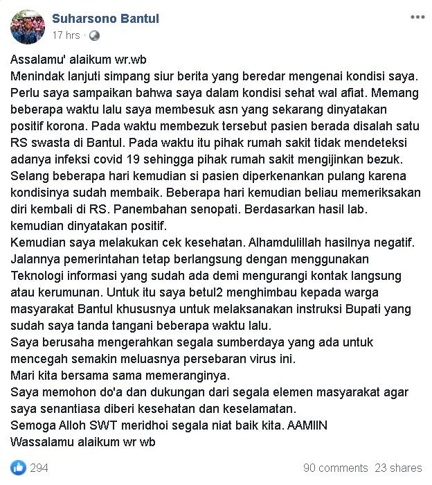 Unggahan Facebook Bupati Bantul Suharsono - (Facebook/Suharsono Bantul)