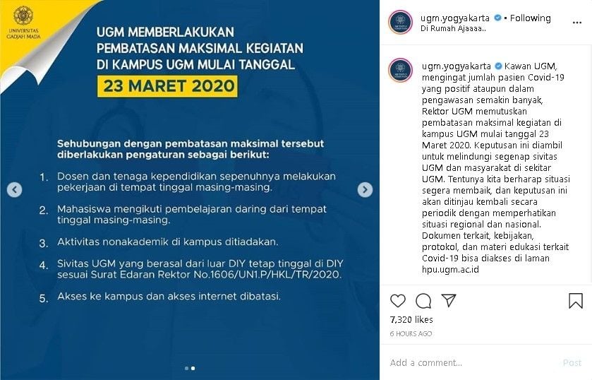 Pembatasan maksimal kegiatan di kampus UGM - (Instagram/@ugm.yogyakarta)