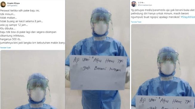 Viral perawat pakai baju hazmat, haus tapi tak berani minum (Twitter @Angela602 dan @hrmnsdistortion)