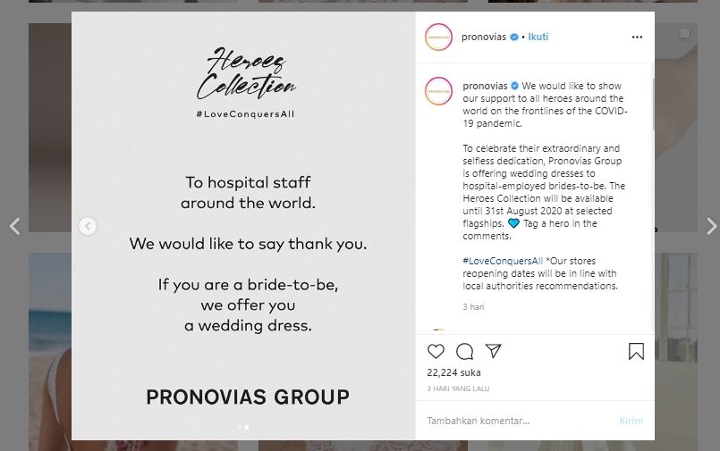 Pronovias menyumbangkan gaun pengantin gratis kepada staf rumah sakit. (Instagram/@pronovias)